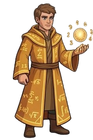 L'Arithmancien, mage drapé d'or couvert de symboles numériques
